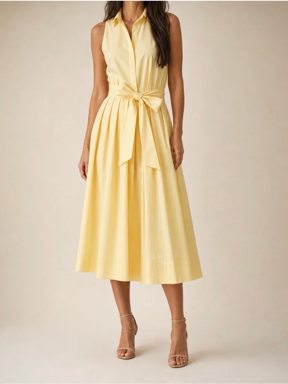Light Yellow Button-Front Maxi Dress with Tie Waist